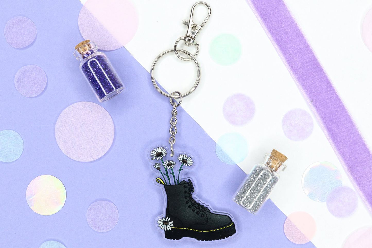 Black Boots with Flowers keychain