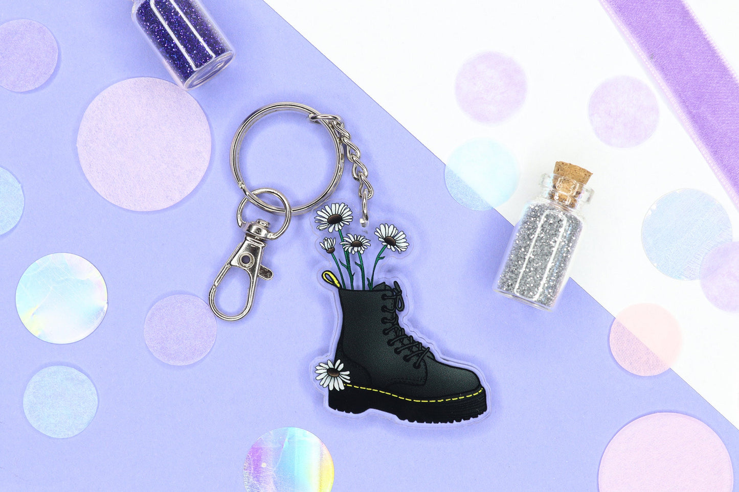 Black Boots with Flowers keychain