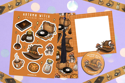 Herbst Hexen Sachen wie Sticker Sheet, Lesezeichen, Notizblock und Washi Tape